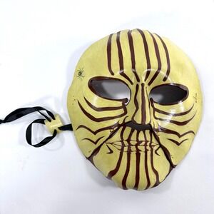Handmade Leather Mask African Inspired Yellow Brown Wall Decor Wearable Art